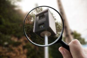 A magnifying glass focusing a speed camera